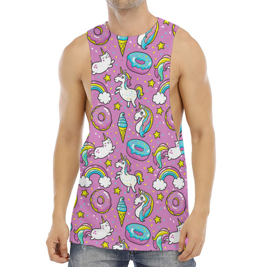 Pink Girly Unicorn Donut Pattern Print Men's Muscle Tank Top