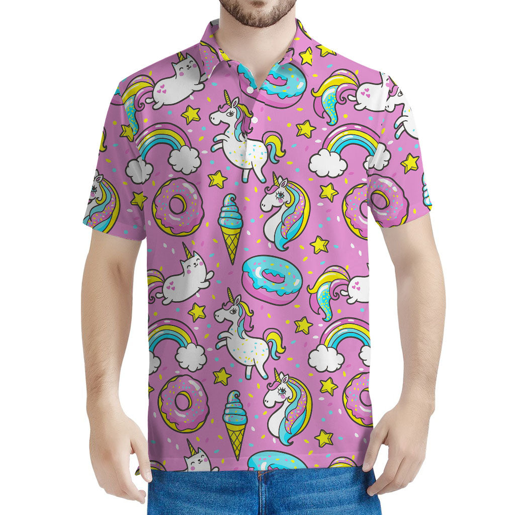 Pink Girly Unicorn Donut Pattern Print Men's Polo Shirt