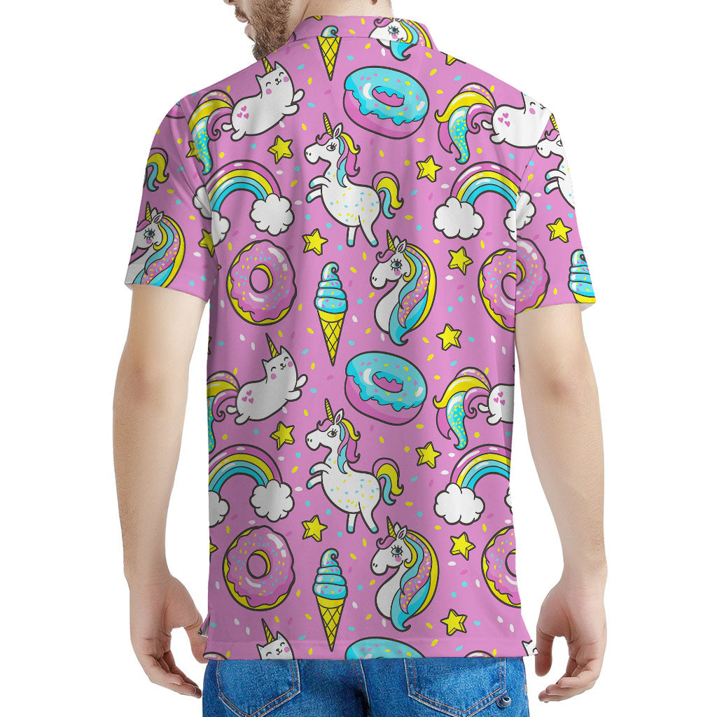 Pink Girly Unicorn Donut Pattern Print Men's Polo Shirt