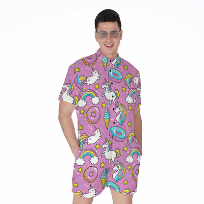 Pink Girly Unicorn Donut Pattern Print Men's Rompers