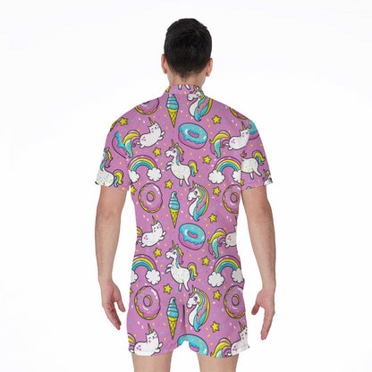 Pink Girly Unicorn Donut Pattern Print Men's Rompers