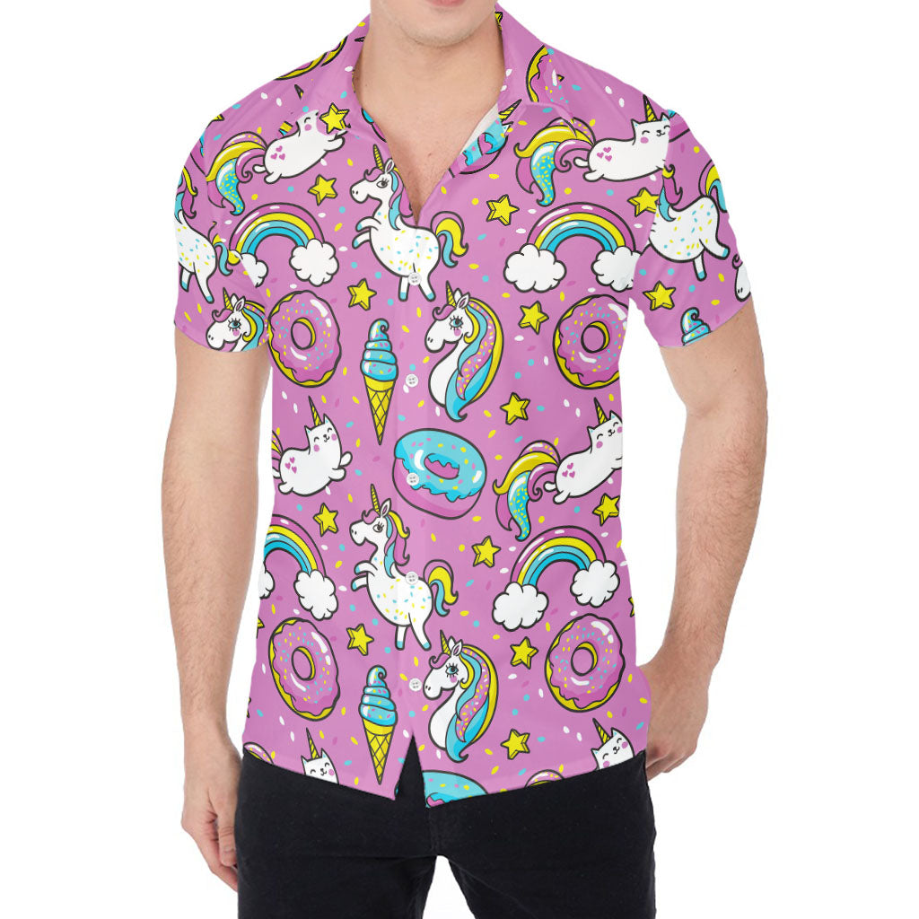 Pink Girly Unicorn Donut Pattern Print Men's Shirt