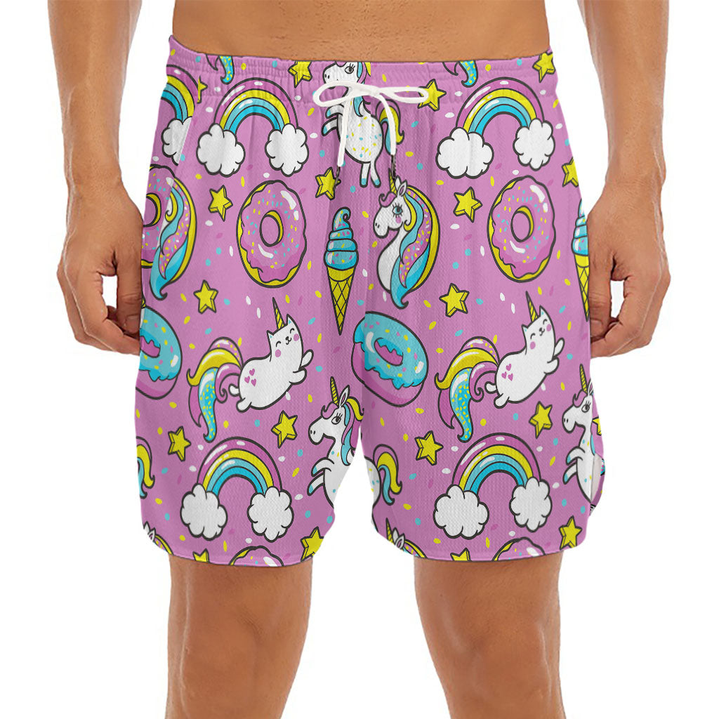 Pink Girly Unicorn Donut Pattern Print Men's Split Running Shorts