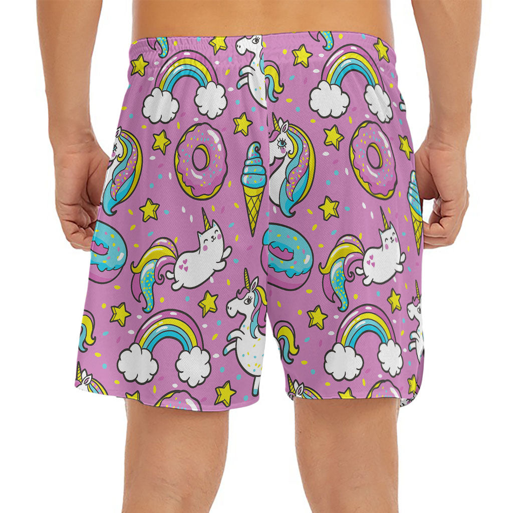Pink Girly Unicorn Donut Pattern Print Men's Split Running Shorts