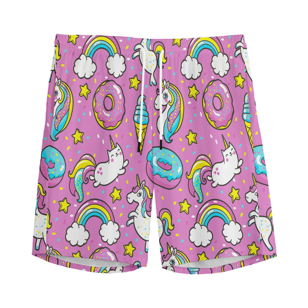 Pink Girly Unicorn Donut Pattern Print Men's Sports Shorts