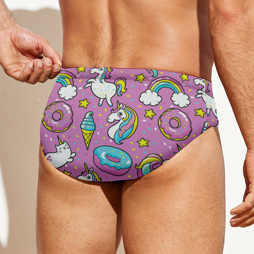 Pink Girly Unicorn Donut Pattern Print Men's Swim Briefs