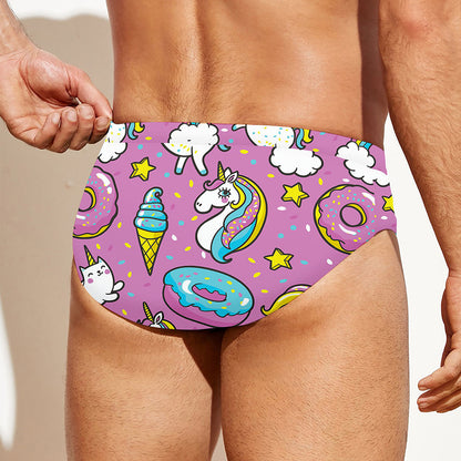 Pink Girly Unicorn Donut Pattern Print Men's Swim Briefs