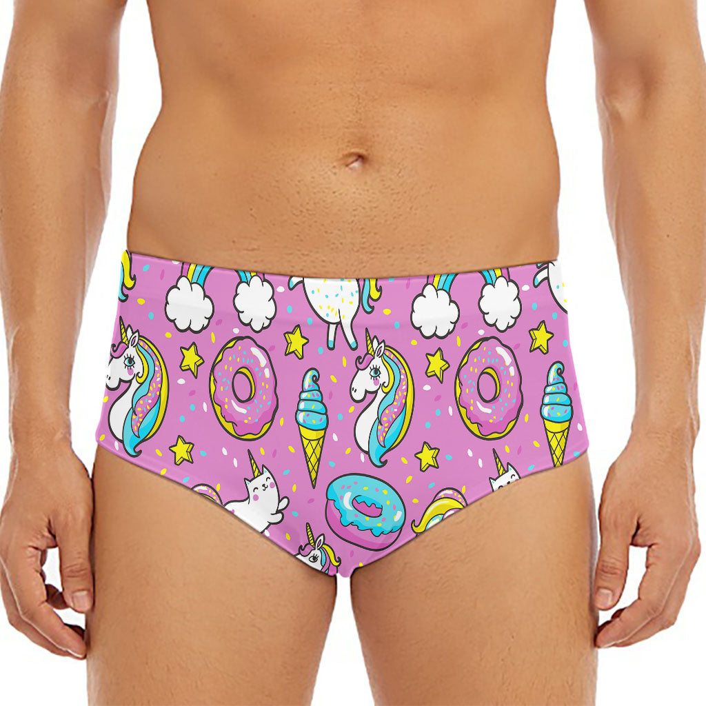 Pink Girly Unicorn Donut Pattern Print Men's Triangle Swim Briefs