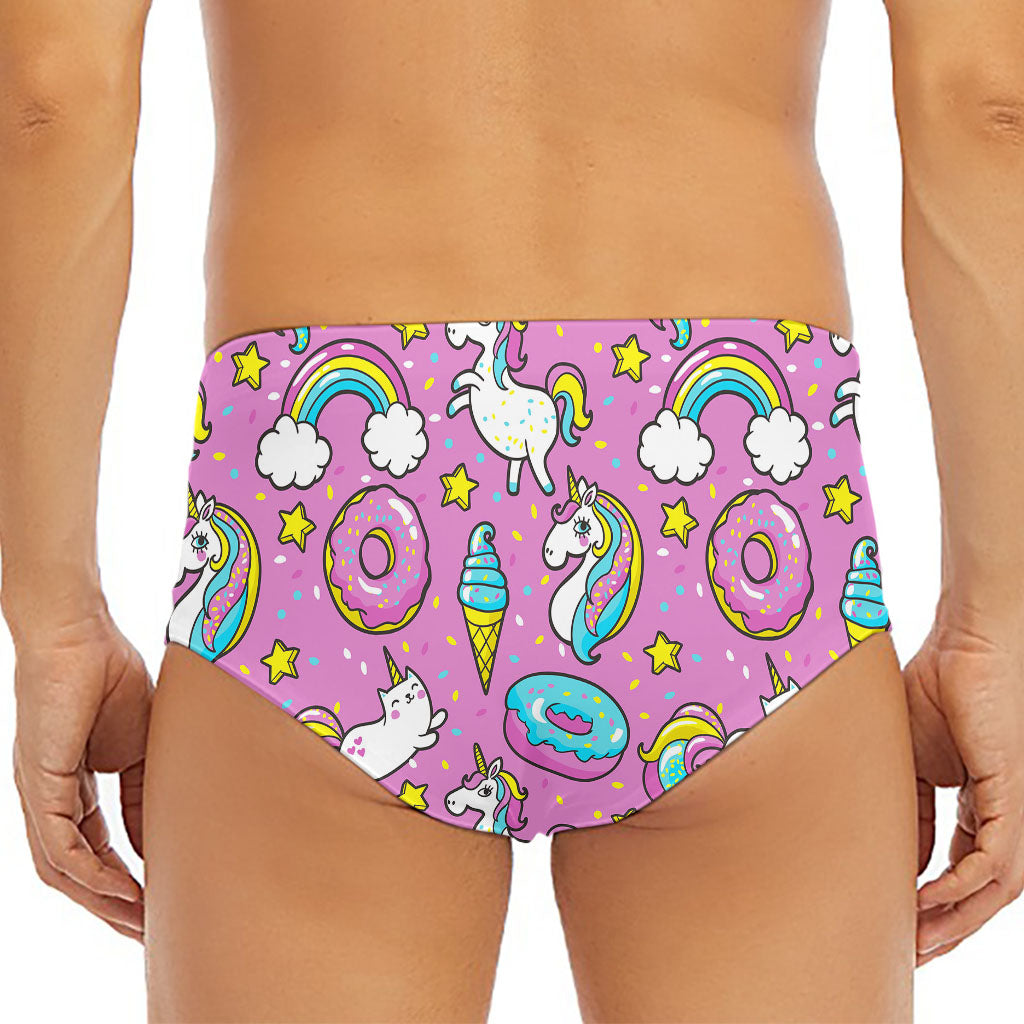 Pink Girly Unicorn Donut Pattern Print Men's Triangle Swim Briefs