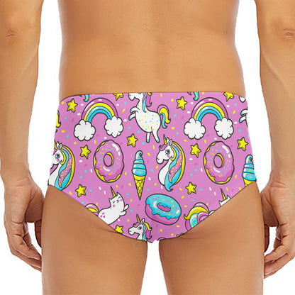 Pink Girly Unicorn Donut Pattern Print Men's Triangle Swim Briefs