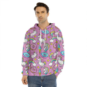 Pink Girly Unicorn Donut Pattern Print Men's Velvet Pullover Hoodie