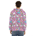 Pink Girly Unicorn Donut Pattern Print Men's Velvet Pullover Hoodie