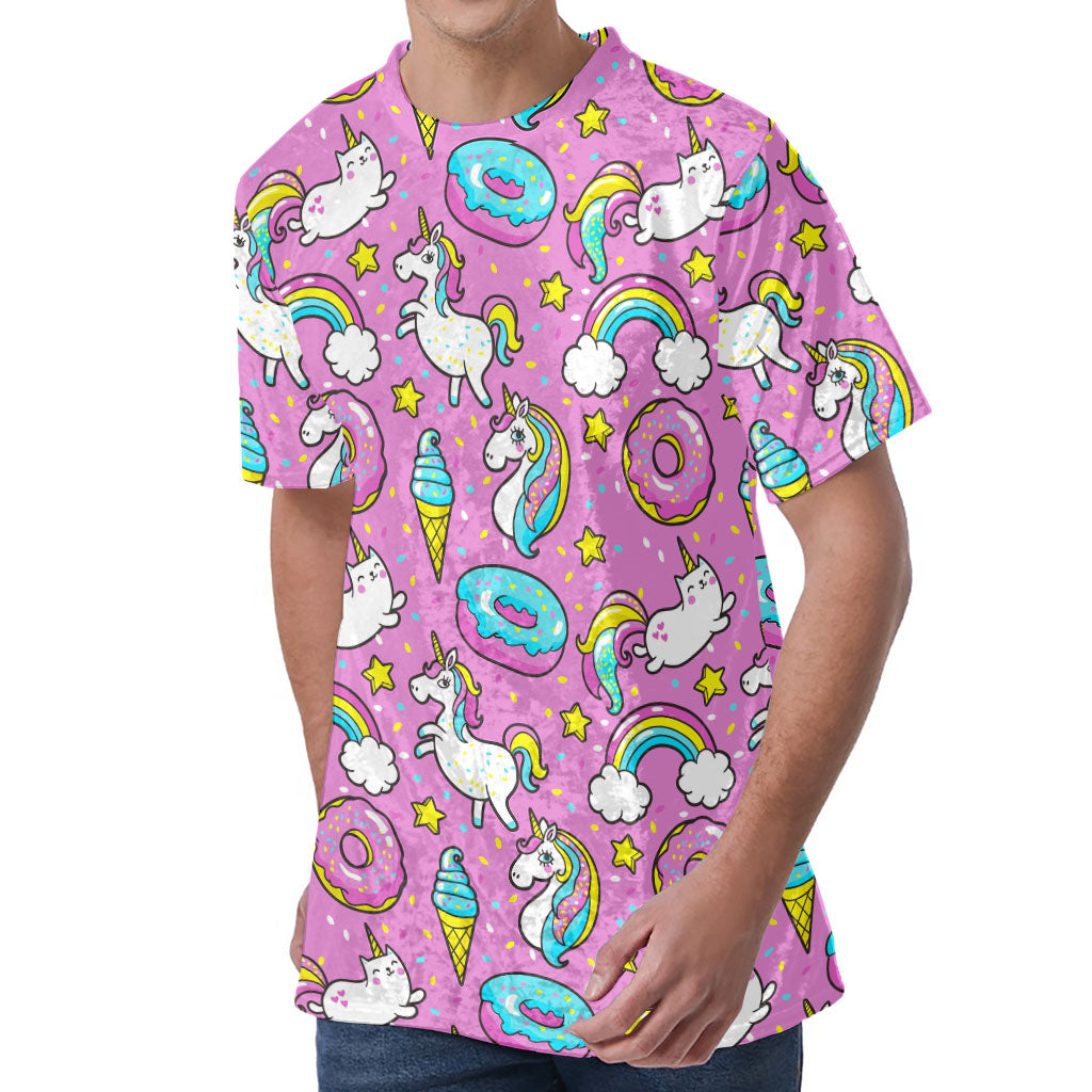 Pink Girly Unicorn Donut Pattern Print Men's Velvet T-Shirt