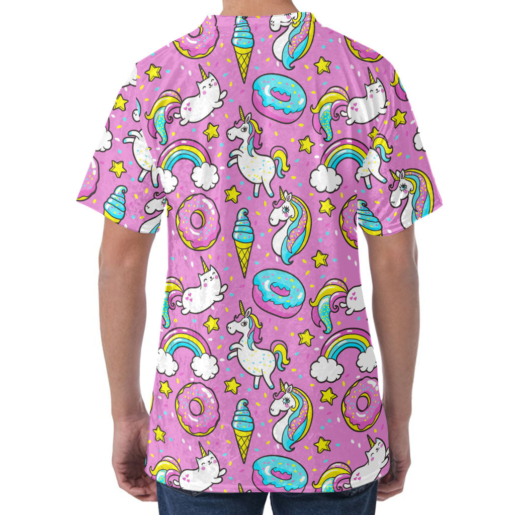 Pink Girly Unicorn Donut Pattern Print Men's Velvet T-Shirt