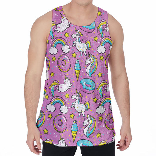 Pink Girly Unicorn Donut Pattern Print Men's Velvet Tank Top