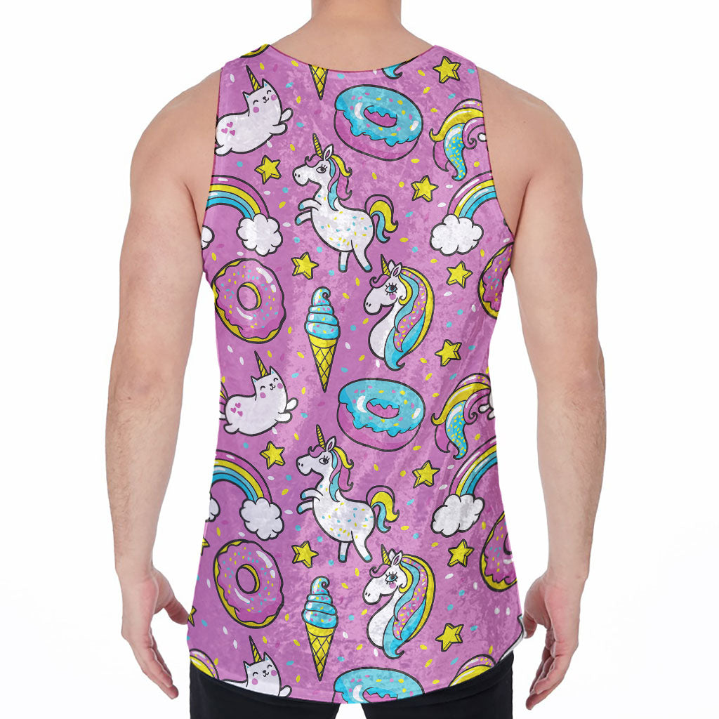 Pink Girly Unicorn Donut Pattern Print Men's Velvet Tank Top