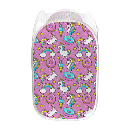 Pink Girly Unicorn Donut Pattern Print Mesh Laundry Hamper