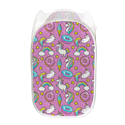 Pink Girly Unicorn Donut Pattern Print Mesh Laundry Hamper