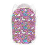 Pink Girly Unicorn Donut Pattern Print Mesh Laundry Hamper