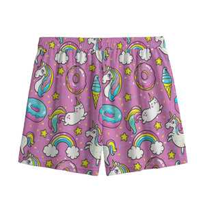 Pink Girly Unicorn Donut Pattern Print Mesh Shorts