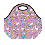 Pink Girly Unicorn Donut Pattern Print Neoprene Lunch Bag