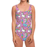 Pink Girly Unicorn Donut Pattern Print One Piece Swimsuit