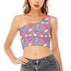 Pink Girly Unicorn Donut Pattern Print One Shoulder Crop Top