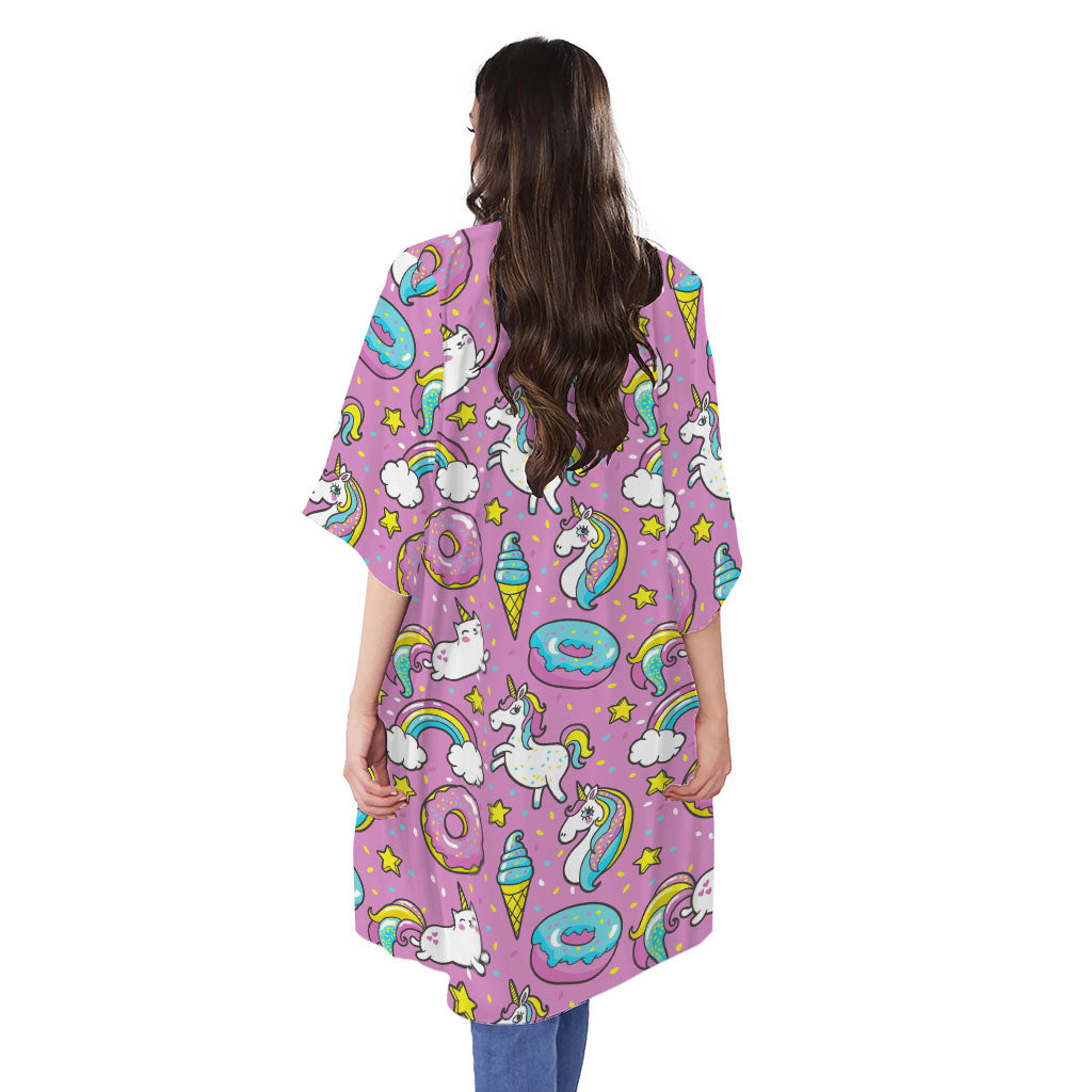 Pink Girly Unicorn Donut Pattern Print Open Front Beach Cover Up