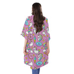 Pink Girly Unicorn Donut Pattern Print Open Front Beach Cover Up