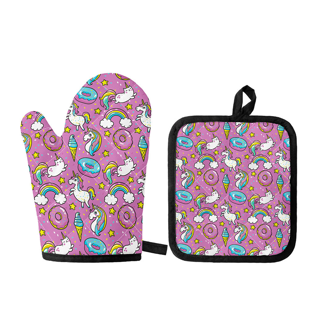 Pink Girly Unicorn Donut Pattern Print Oven Mitt And Pot Holder Set
