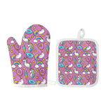 Pink Girly Unicorn Donut Pattern Print Oven Mitt And Pot Holder Set