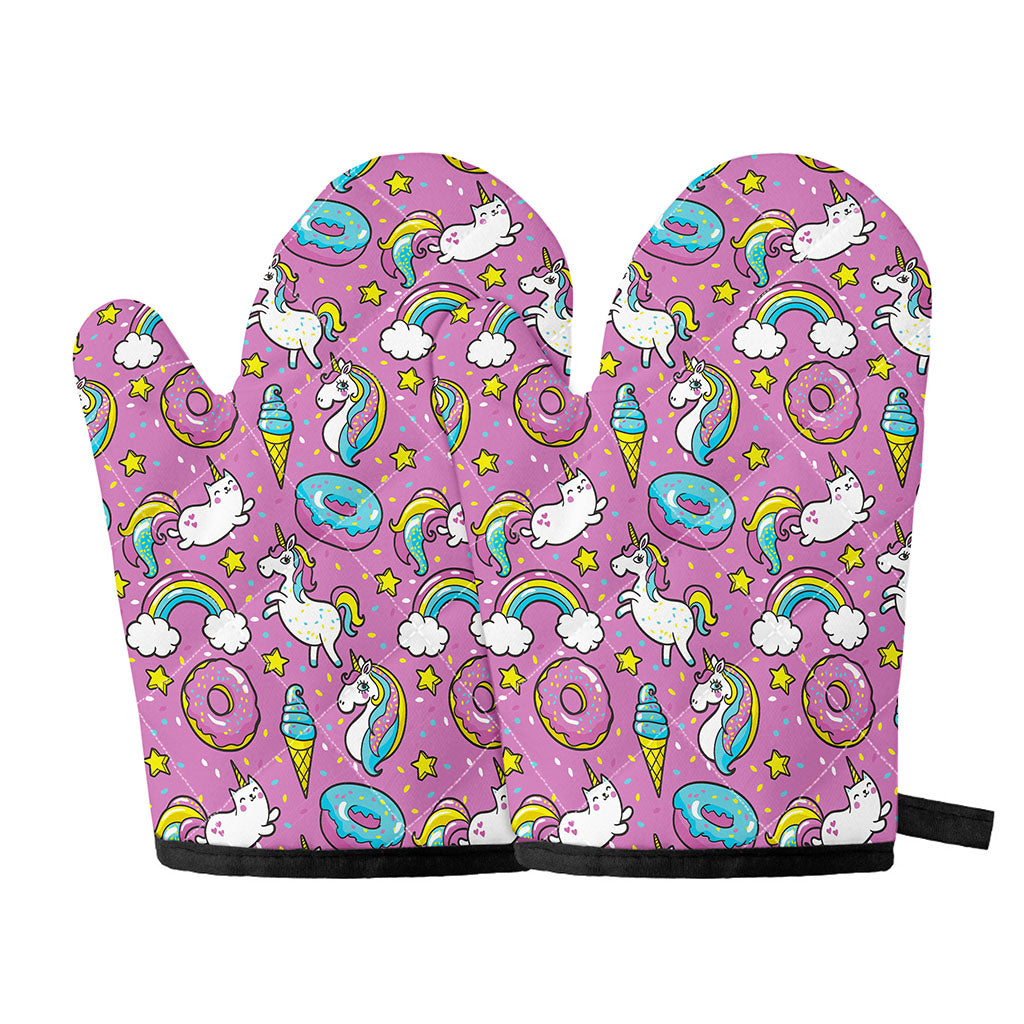 Pink Girly Unicorn Donut Pattern Print Oven Mitts