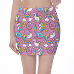 Pink Girly Unicorn Donut Pattern Print Pencil Mini Skirt