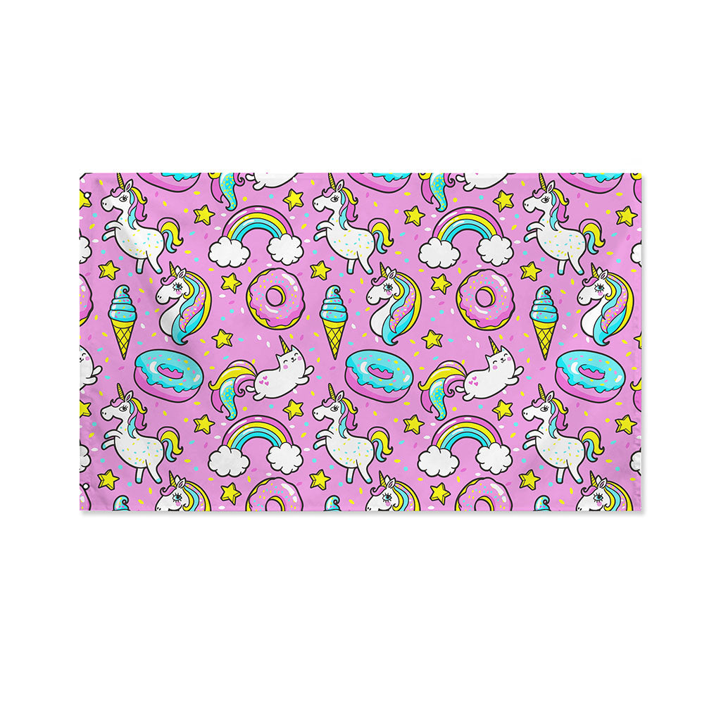 Pink Girly Unicorn Donut Pattern Print Polyester Flag