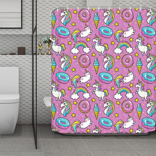 Pink Girly Unicorn Donut Pattern Print Polyester Shower Curtain