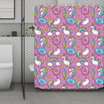 Pink Girly Unicorn Donut Pattern Print Polyester Shower Curtain