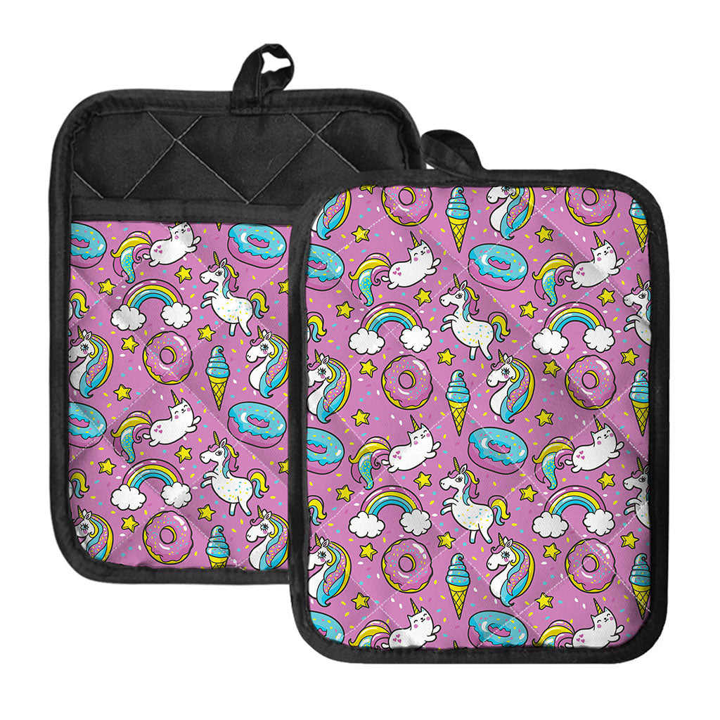 Pink Girly Unicorn Donut Pattern Print Pot Holders With Pocket