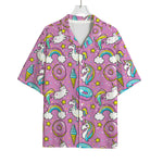 Pink Girly Unicorn Donut Pattern Print Rayon Hawaiian Shirt