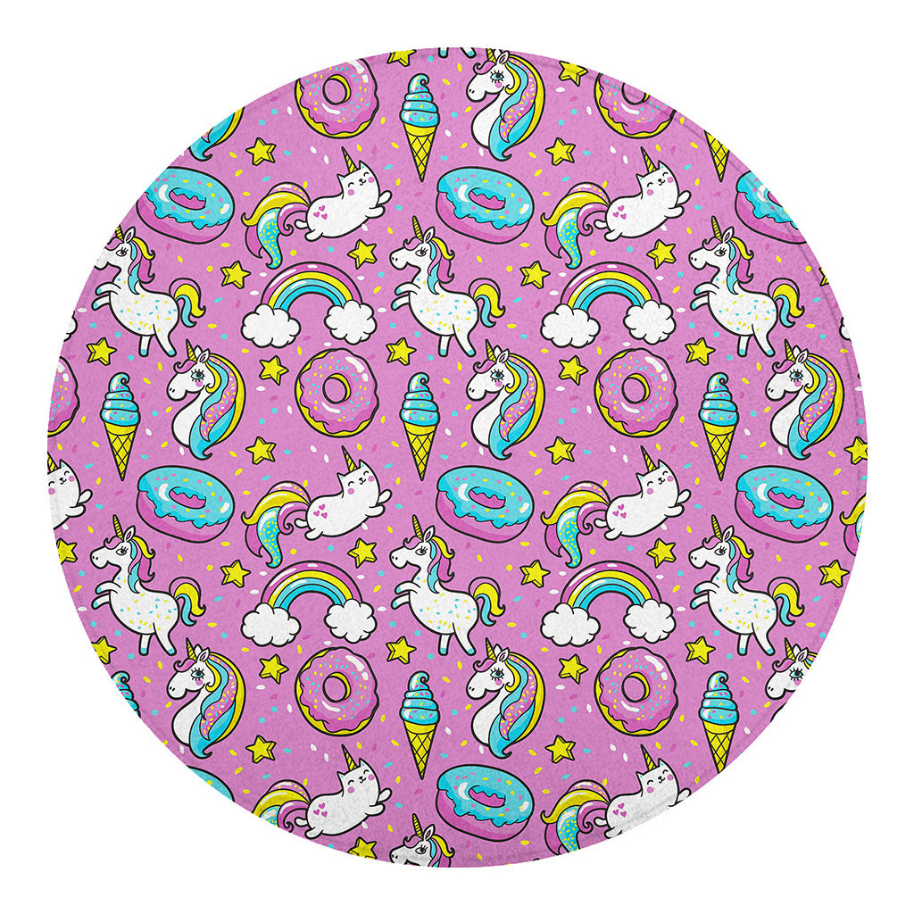 Pink Girly Unicorn Donut Pattern Print Round Blanket