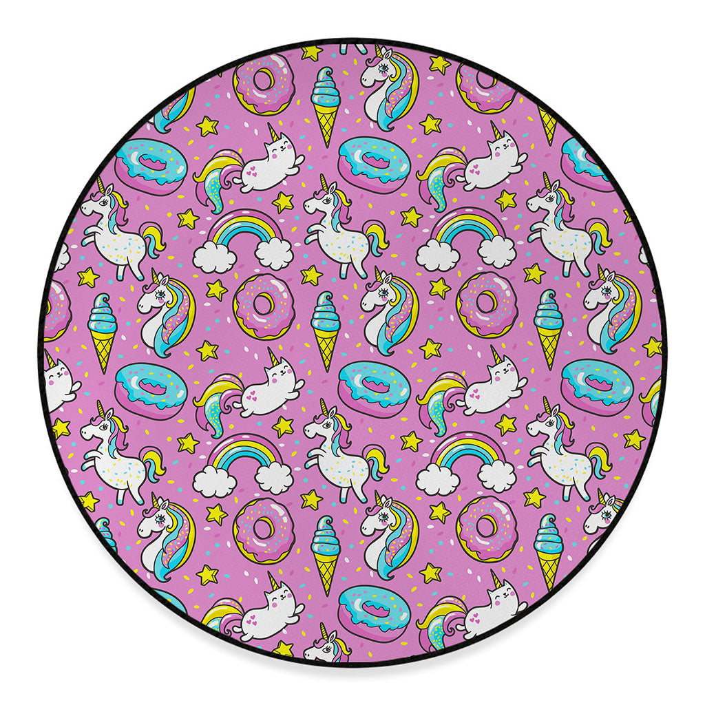 Pink Girly Unicorn Donut Pattern Print Round Floor Mat
