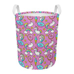 Pink Girly Unicorn Donut Pattern Print Round Laundry Basket