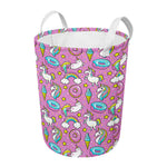 Pink Girly Unicorn Donut Pattern Print Round Laundry Basket