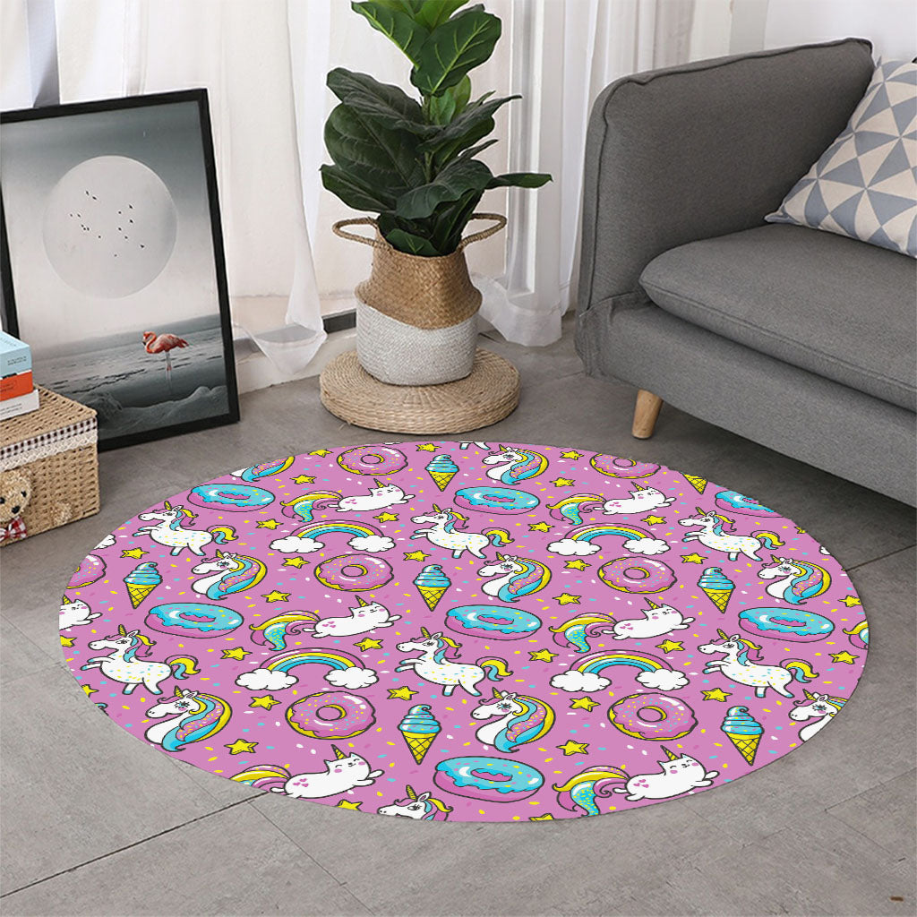 Pink Girly Unicorn Donut Pattern Print Round Rug