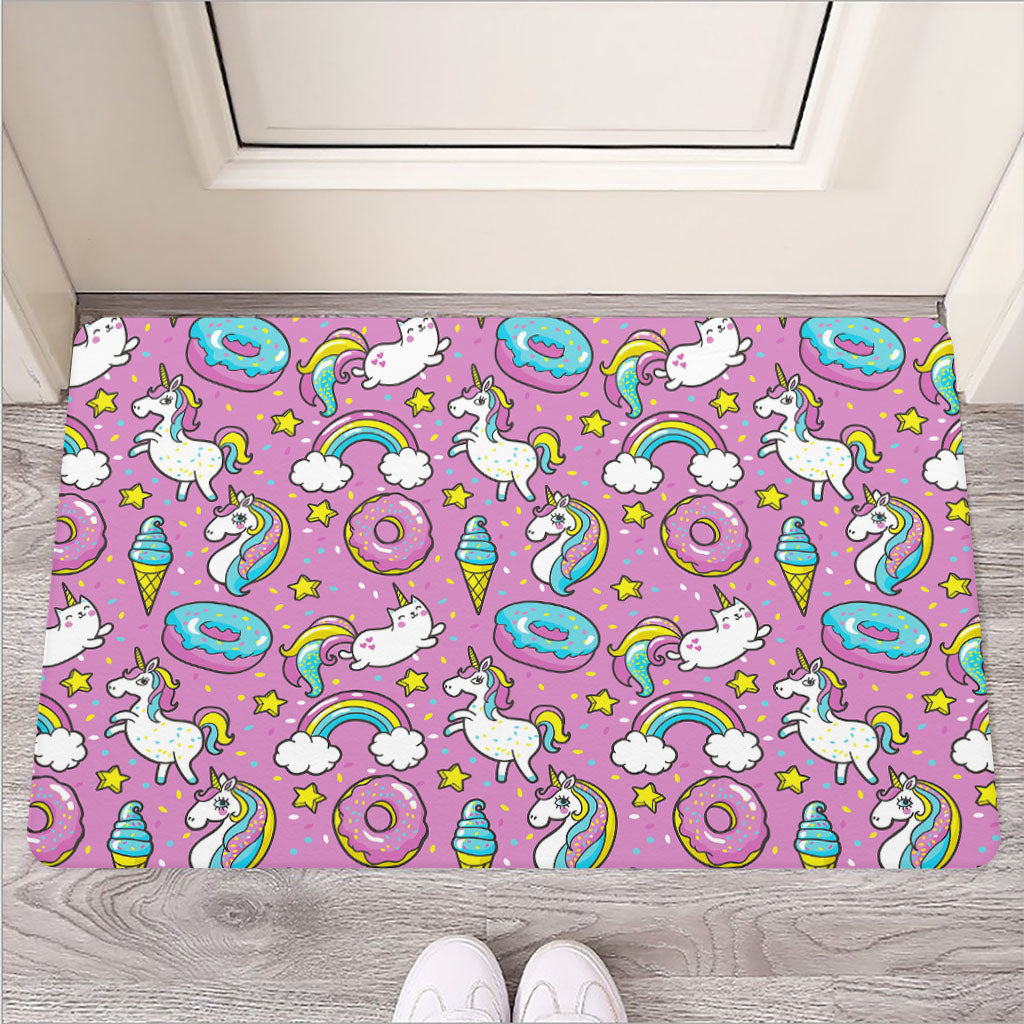 Pink Girly Unicorn Donut Pattern Print Rubber Doormat