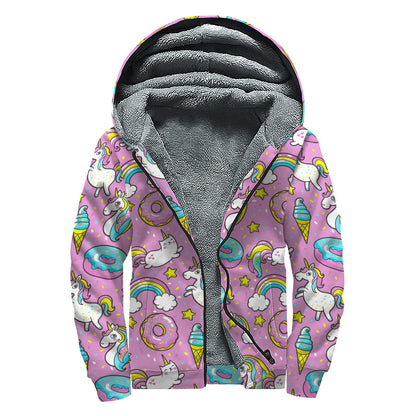 Pink Girly Unicorn Donut Pattern Print Sherpa Lined Zip Up Hoodie