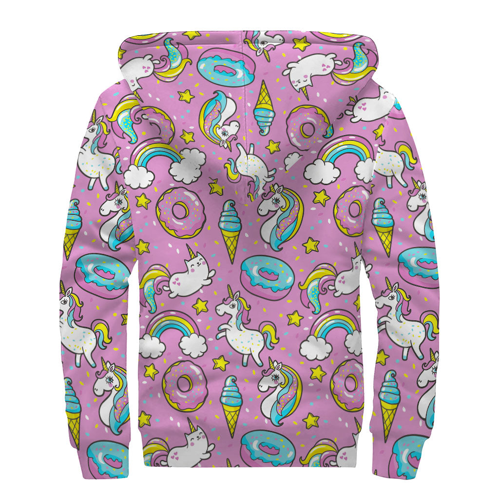 Pink Girly Unicorn Donut Pattern Print Sherpa Lined Zip Up Hoodie