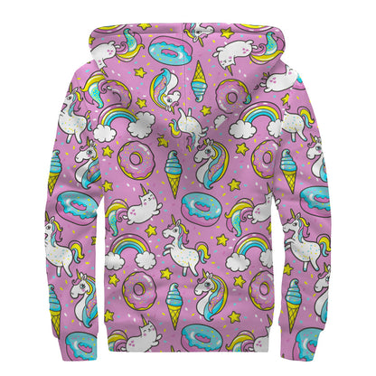 Pink Girly Unicorn Donut Pattern Print Sherpa Lined Zip Up Hoodie