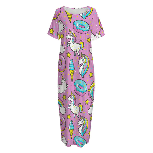 Pink Girly Unicorn Donut Pattern Print Short Sleeve Long Nightdress