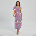 Pink Girly Unicorn Donut Pattern Print Short Sleeve Maxi Dress