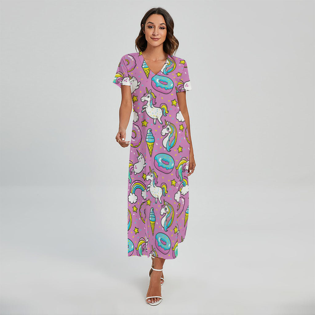 Pink Girly Unicorn Donut Pattern Print Short Sleeve Maxi Dress